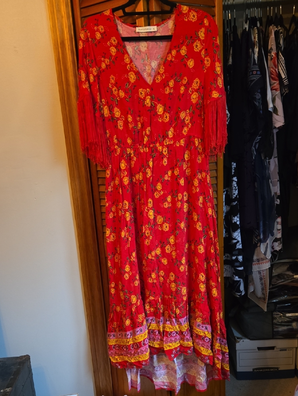 Red Floral High-Low Maxi Dress with Fringe Sleeves